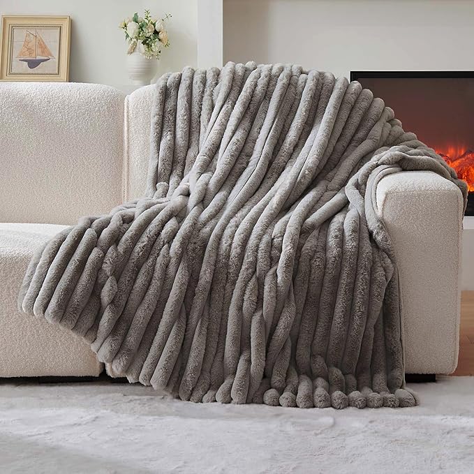 Lotus Karen Faux Fur Twin Blanket Couch, Cozy Soft Fluffy Fuzzy Gray Blanket, Striped Warm Thick Furry Plush Shaggy Small Blankets for Women, 60x80 Inches