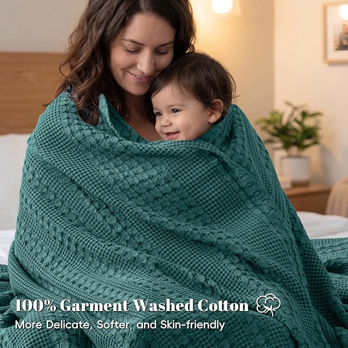 PHF 100% Cotton Waffle Weave Blanket King Size for Bed, Soft Lightweight & Breathable for Spring and Summer, All-Season Comfort, Luxury Aesthetic Blanket for Home Decor, 108"x90", Teal