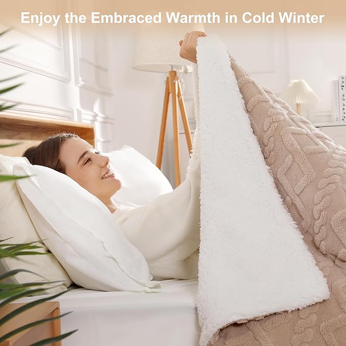 Heated Throw Blanket 50"x60" with 5 Heating Levels & 4 Hours Auto Off, Soft & Plush Sherpa Electric Blanket Throw with ETL & FCC Certification for Home Use, Machine Washable, Great Gift, Beige