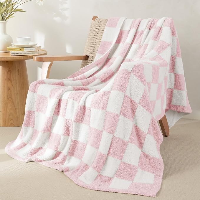 Whale Flotilla Checkered Knit Throw Blanket, Ultra Soft Warm Reversible Cozy Decorative Blankets for Couch Sofa and Bed, 50x60 Inch, Pink