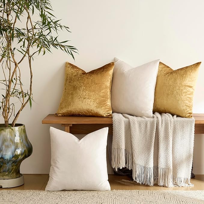 GIGIZAZA Velvet Pillow Covers 20x20,Ivory Gold Soft Throw Pillow Covers Set of 4 Square Decorative Modern Pillows Covers for Living Room