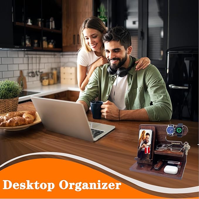 Gifts for Men Women Brother Boss Boyfriend Him Nightstand Organizer Gifts for Dad from Daughter Son Wood Phone Docking Station (Dark Brown)