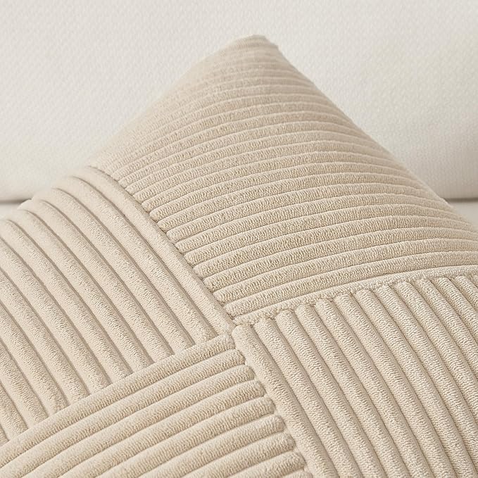 Topfinel 22x22 Pillow Covers Set of 2,Windmill Textured Striped Patchwork Tan Decorative Throw Pillow Covers Soft Corduroy Square Beige Cushion Cases for Couch Sofa Bed Farmhouse Boho Home Decor