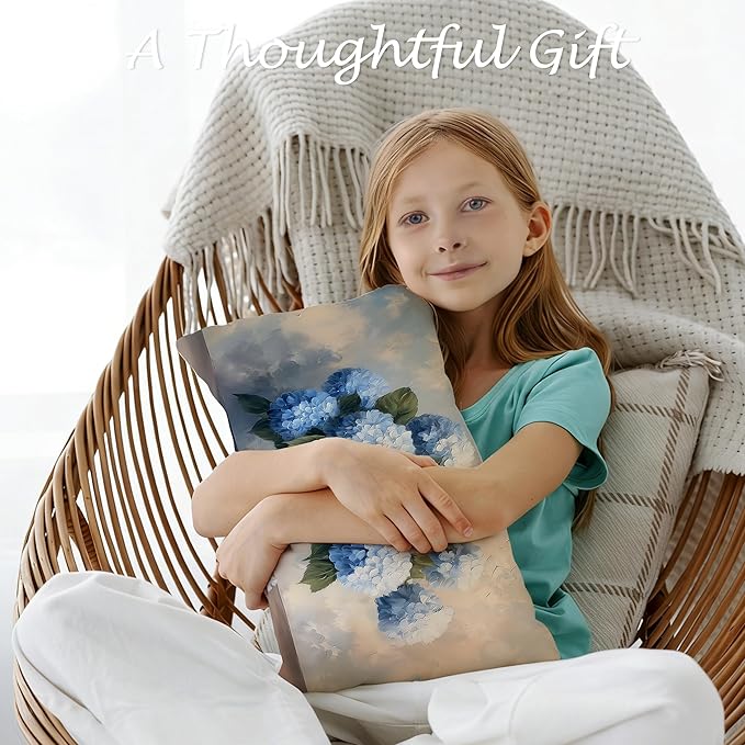 Blue Chinoiserie Hydrangea Floral Lumbar Pillow Cover 12x20 Double-Sided, Grandmillennial Decor, Vintage Farmhouse Spring Flower Decorative Throw Pillow Cover for Living Room Home Bedroom