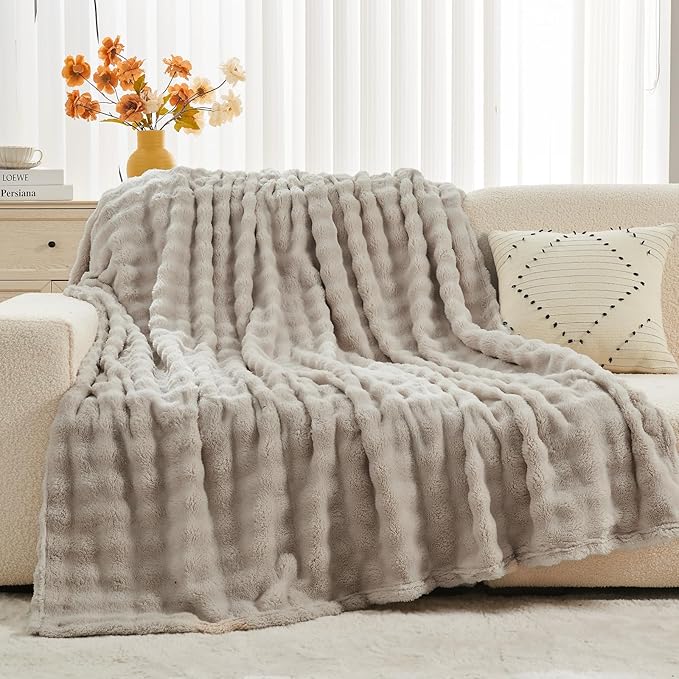 NEWCOSPLAY Throw Blanket for Couch Linen Super Soft Flannel Fleece 3D Bubble Lightweight Bed Blanket All Season Use (Linen, Throw(50"x60"))