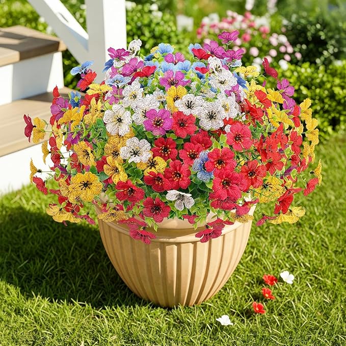 Artificial Flowers Outdoors Spring Faux Flowers UV Resistant Fake Plastic Greenery Plnats Outside Bulk for Garden Hanging Planter Patio Home Decor, 24 Bundles (Multicolor)