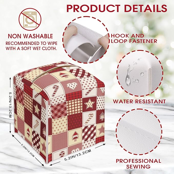 Christmas Patchwork Print Design Tissue Box Cover Holder, Cute Waterproof Tissue Box Cover Square, Xmas Gift Ideas for Family Friends, Bathroom Kitchen Car Office Home Decor(5.2 Inches)-B19