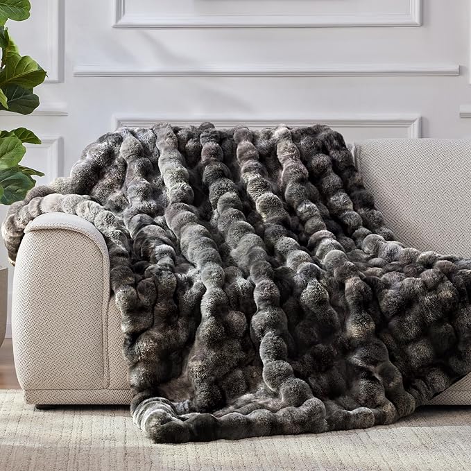 Faux Fur Throw Blanket, 1000GSM Fluffy Soft Bubble Blanket for Couch Bed, Cozy Plush Warm and Thick Rabbit Blanket for Living Room Bedroom 60''*80'' Tie-dye Grey