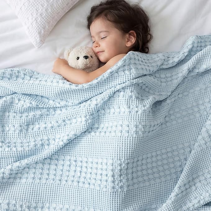 PHF 100% Cotton Waffle Weave Blanket Queen Size for Bed, Soft Lightweight & Breathable for Spring and Summer, All-Season Comfort, Luxury Aesthetic Blanket for Home Decor, 90"x90", Sky Blue