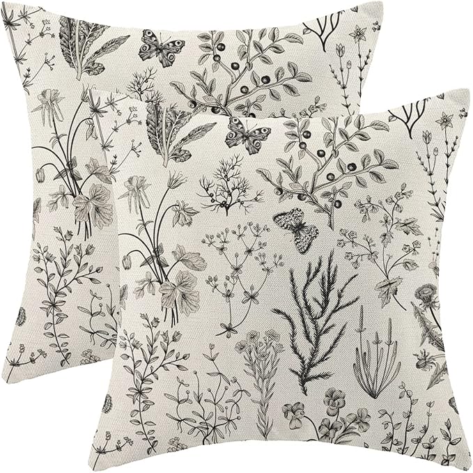 AEIOAE Spring Pillow Covers 18x18 Inch Set of 2,Black Gray Wild Flower Plant Throw Pillows Case,Seasonal Floral Outdoor Decorative Square Linen Farmhouse Decor Cushion Covers for Home Sofa Bed Couch