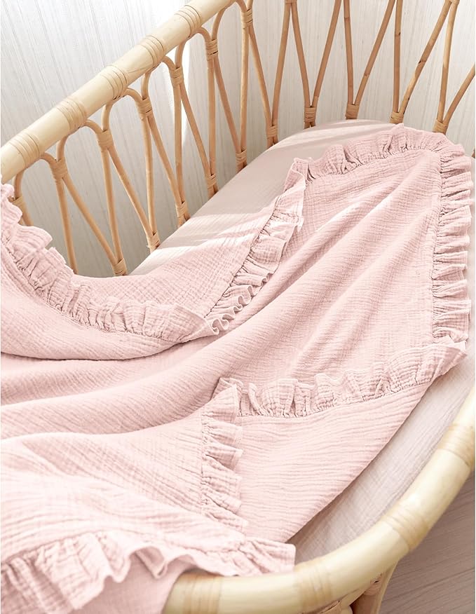 Konssy Flounce Muslin Baby Blanket for Girls Boys, 100% Cotton Soft Crib Swaddle Blankets, Reversible & Breathable Nursery Bedding for Newborns Toddlers, 40 x 36 Inches (Baby Pink)
