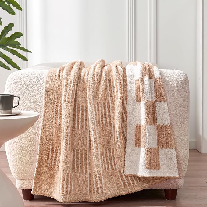 Snuggle Sac Checkered Throw Blanket Faux Fur Microfiber Blankets for Couch,Reversible Soft Cozy Warm Blanket for Sofa Bedroom,Cute Lightweight Striped Throws for Women,Heather Beige,50x60 inches