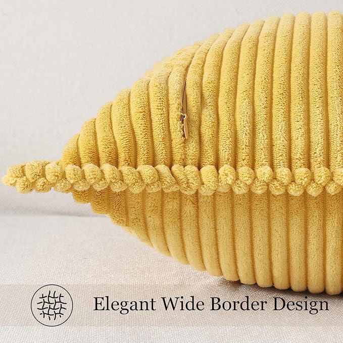 Mecatny Corduroy Throw Pillow Covers 16x16 Set of 2, Neutral Decorative Soft Boho Couch Pillow Covers with Broadside for Sofa Living Room, Mustard Yellow