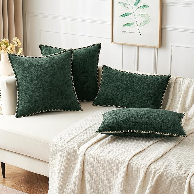 MIULEE Pack of 2 Christmas Pillow Covers 18x18 Inch Dark Green Farmhouse Decorative Throw Pillow Covers with Stitched Edge Soft Chenille Solid Dyed Couch Pillow Covers for Sofa Bed Living Room