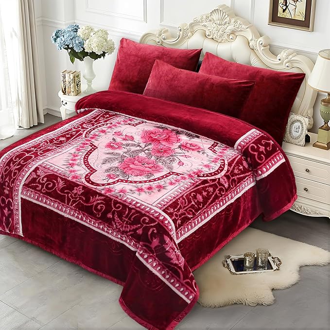 JYK Soft Fleece Bed Blanket King Size A&B Pattern Rose/Rose - 520GSM Fuzzy Cozy Luxury Warm Blanket Microfiber, 2 Ply Reversible Room Home Decor Christmas Decorations, 83" x 91 inches, 5.7 LB