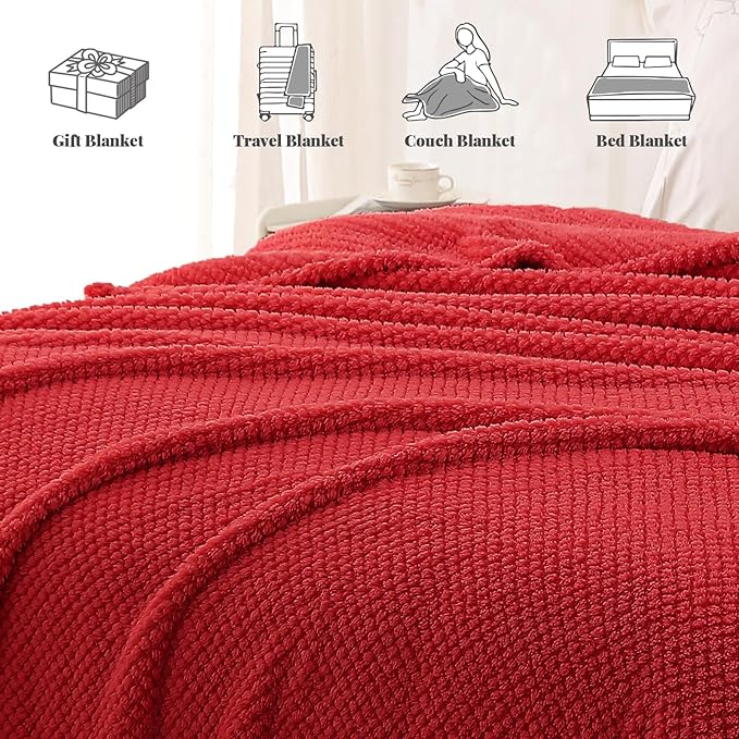 Whale Flotilla Twin Size Fuzzy Fleece Blanket for Bed, 60x80 Inch Fluffy Warm Soft Jacquard Blankets for All Season, Lightweight and Cozy, Red