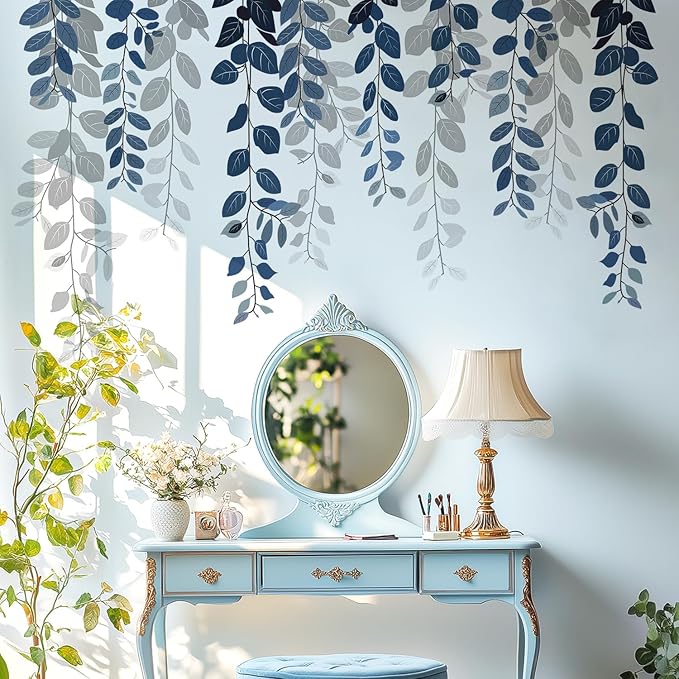 Blue Hanging String of Eucalyptus Wall Decals Peel and Stick, Large Plants Vinyl Wall Stickers, Removable Vine Home Decor Art for Bedroom Living Room Classroom Office