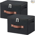 2 Pack Storage Bins with Zipper Lid Cotton Linen Fabric Lidded Storage Baskets Boxes Foldable Washable Closet Shelf Clothes Organizer Container with PU Leather Handles (Black, Small Size)