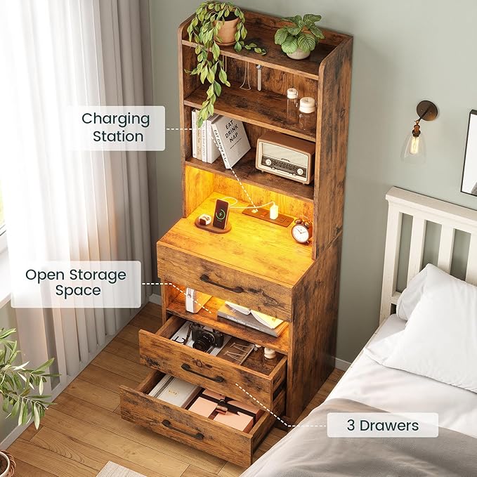 AOGLLATI Tall Nightstand with Charging Station and LED Lights, Night Stand with 3 Drawers, Rustic Brown Bedside Table with Bookshelf, Modern End Side Table for Bedroom