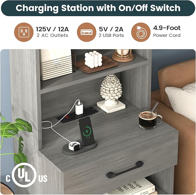 AOGLLATI Tall Nightstand with Charging Station and LED Lights, Night Stand with 3 Drawers and Storage Shelves, Bedside Table with Bookshelf, Modern End Side Table for Bedroom, Grey