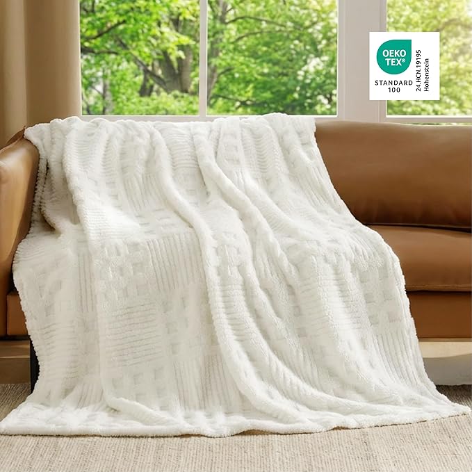 Bedsure White Throw Blanket for Couch - GentleSoft Fluffy Waffle Blanket for Sofa Bed Room Decor, Super Cozy Fleece Checkered Throw for Women, Warm for All Season, 50x60 Inches