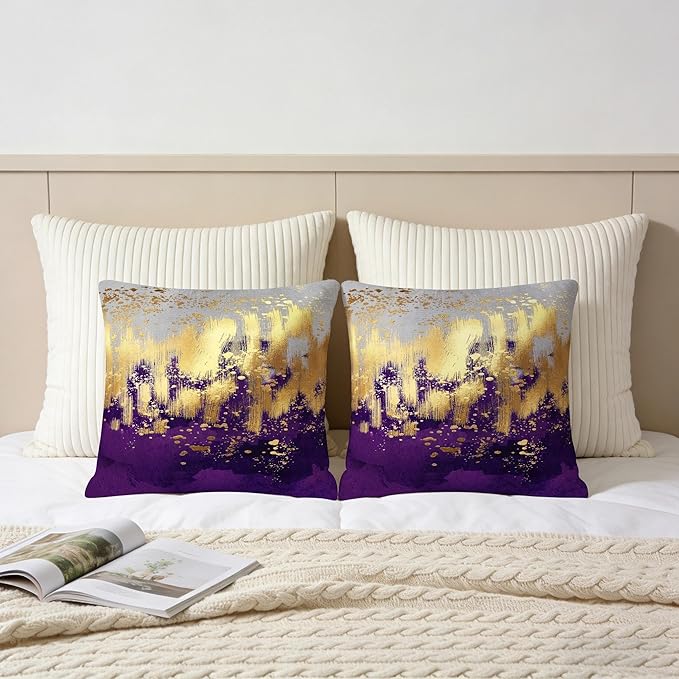 Purple and Gold Abstract Art Throw Pillow Covers, 18x18 Inch, Gold Purple Decorative Pillows for Couch Living Room Bedroom Sofa Decor, Luxury Modern Art Pillowcase Cushion Covers