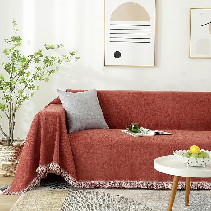 HANDONTIME Chenille Couch Covers Brick Red Sofa Cover for Dogs Terracotta Sectional Couch Covers Couch Protector for Dogs Loveseat Covers Furniture Covers Sofa Covers for 3 Cushion Couch, 71" X134"