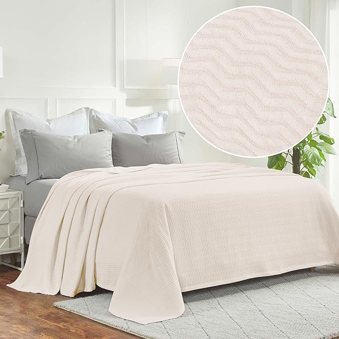 Superior JENA Cotton Blanket, for Picnic, Beach, Traveling or Camping, Bedroom Decor, Essentials, Cover for Bed, Couch, Lounging, Textured Jacquard, Modern Chevron Woven Blanket, Throw, Ivory