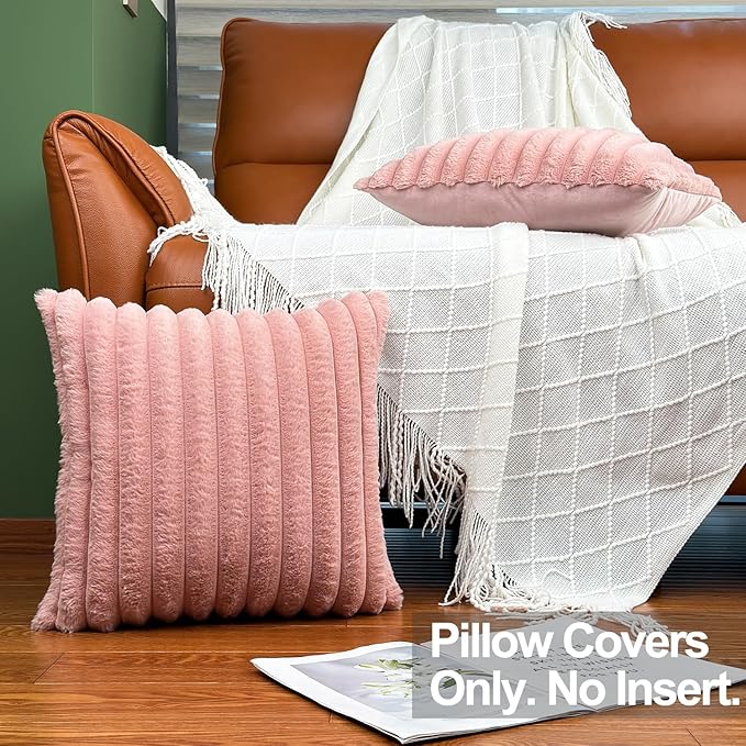 20x20 Throw Pillow Covers Set of 2, Decorative Faux Fur Covers for Bed, Couch Soft Fluffy Pillow Cover with Velvet Back for Living Room, Neutral Home Décor Accent for Sofa - Pink