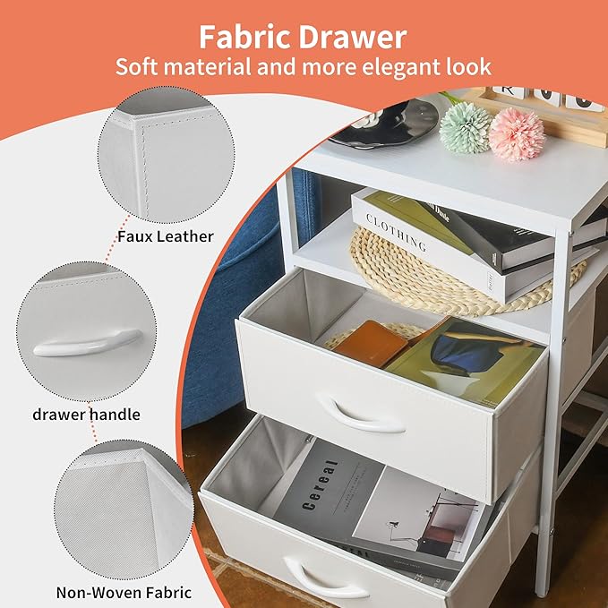 White Nightstand with 2 Fabric Drawers, Modern Bedside Table with Storage & Open Wood Shelf, Stylish End Table for Bedroom