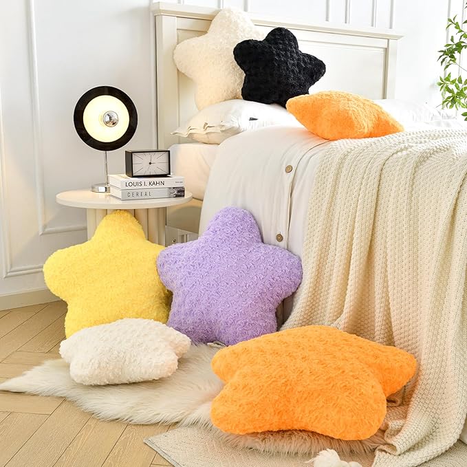 Star Pillow, 14.9" Star Shaped Plush Pillow for Couch Bed Sofa, Cute Decorative Throw Pillows with Soft Faux Fur Room Decor for Bedroom Living Room (Beige)