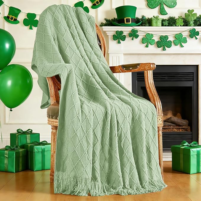 inhand Basil Green Knitted Throw Blanket for Couch and Bed, St. Patrick’s Day Lucky Spring Gifts Throw for Her or Him, Soft Farmhouse Woven Blanket with Tassel, Lightweight Decorative, 60"x80"