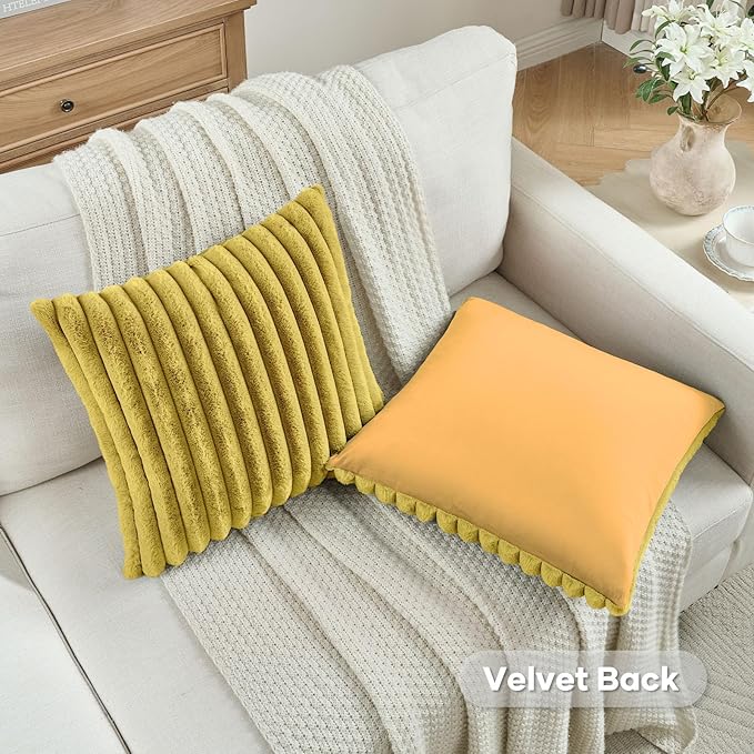 FUTEI Mustard Yellow Decorative Throw Pillow Covers Set of 2, 22x22 Inch Soft Fluffy Faux Fur Plush Striped Cushion Cases, Modern Home Decor for Couch Bed Living Room