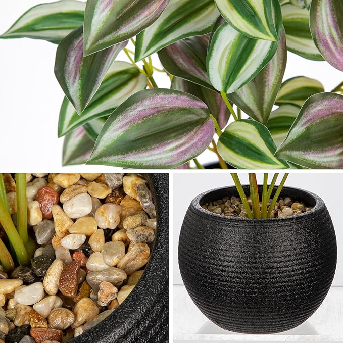 2 Packs Artificial Plants in Black Pot Tradescantia Zebrina Fake Plants Potted Decorative Faux Plant for Home Kitchen Decor
