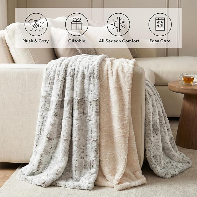 Americanflat Faux Fur Throw Blanket - Luxury 50x60 Extra Soft Plush Rabbit Fur, Reversible & Machine Washable Cozy Throw for Bed, Couch, Sofa, or Living Room Decor - Ivory, Cream, White