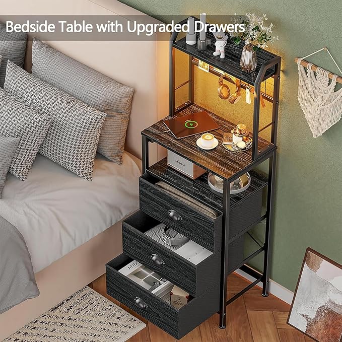 Furologee 44'' Tall Nightstand with Charging Station, Bedside Table with LED Lights, End Table with 3 Drawers and Storage Shelves, Night Stand with Pegboard for Bedroom, Black Oak