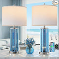 QiMH Table Lamps for Bedroom Set of 2 with Nightlight, Modern Bedside Lamp with USB A+C Charging Port, Blue Nightstand Lamp for Living Room White Shade Home Decor, 2 Bulbs Included