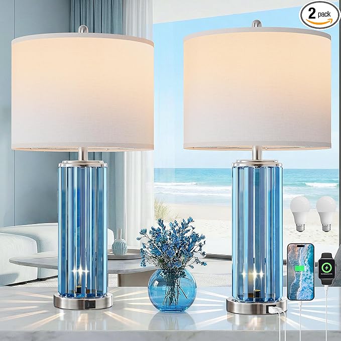 QiMH Table Lamps for Bedroom Set of 2 with Nightlight, Modern Bedside Lamp with USB A+C Charging Port, Blue Nightstand Lamp for Living Room White Shade Home Decor, 2 Bulbs Included