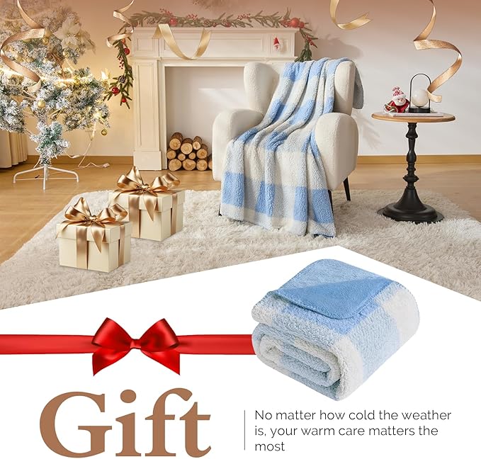 LURKA Checkered Sherpa Fleece Throw Blanket – Soft and Cozy, Medium Weight for All Season, Plush Throw for Couch, Bed & Pets, Glacier, 50x60 Inches