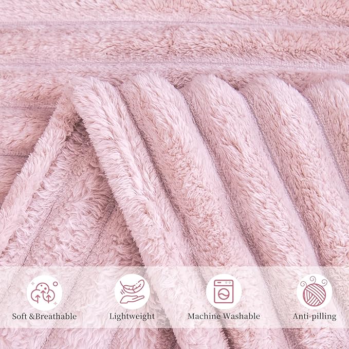 Comelady Fleece Blanket Queen Size for Bed,3D Ribbed Jacquard Warm Fluffy Throw Blanket for Couch Sofa Room Decor-Lightweight Cozy Fuzzy Blanket for All Seasons(Pink,90"×90")