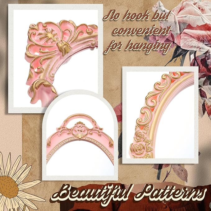 3 Styles Vintage Mirrors Set Decorative Oval Wall Mirror Small Antique Mirrored Tray Decorative Retro Hanging Mirror for Bathroom Bedroom Jewelry Organizer Victorian Decor(Pink)