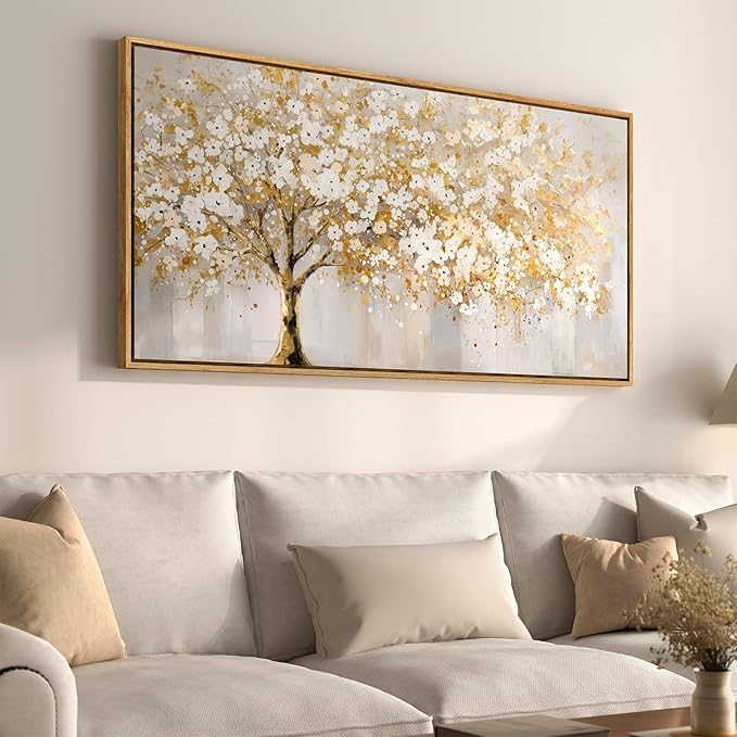 Large Framed Gold Tree Wall Art for Living Room, Neutral Gray White Canvas Painting for Modern and Elegant Home Decor, Golden Tree of Life Artwork for Bedroom Kitchen Dining Room Office, 20x40 Inch