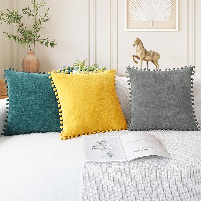 CaliTime Throw Pillow Covers Decorative 20 X 20 Inches Pack of 2 Cozy Solid Dyed Soft Chenille Cushion Cases with Pom Poms for Couch Sofa Bed Living Room Home Teal