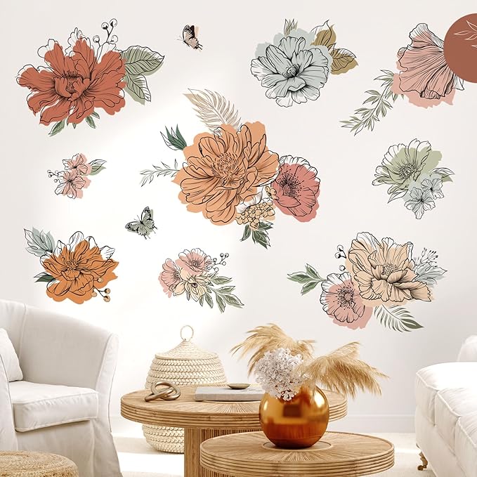 decalmile Boho Vintage Large Flower Wall Decals Bohemian Retro Floral Sun Butterfly Wall Stickers Living Room Bedroom Office Wall Decor