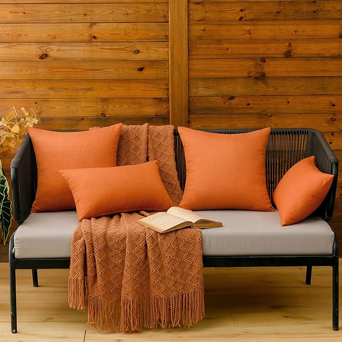 MIULEE Pack of 2 Decorative Outdoor Solid Waterproof Throw Pillow Covers Euro Sham Faux Linen Garden Farmhouse Cushion Cases for Summer Patio Tent Balcony Couch Sofa 22x22 Inch Orange