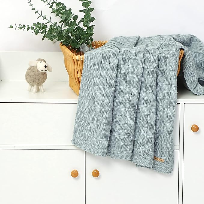 LAWKUL Baby Blanket Blue Newborn Babe Blankets Cable Knitted Soft Receiving Swaddle Cuddle Toddler Boy Girl Stroller 40"x30"