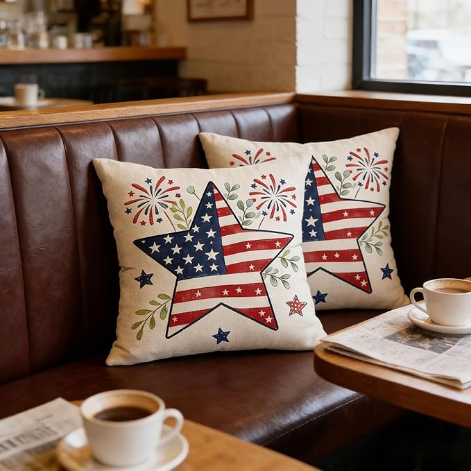 4th of July Patriotic Star Independence Day Throw Pillow Covers, Linen, 18x18 Inch, Set of 2, Farmhouse Style, Multicolor