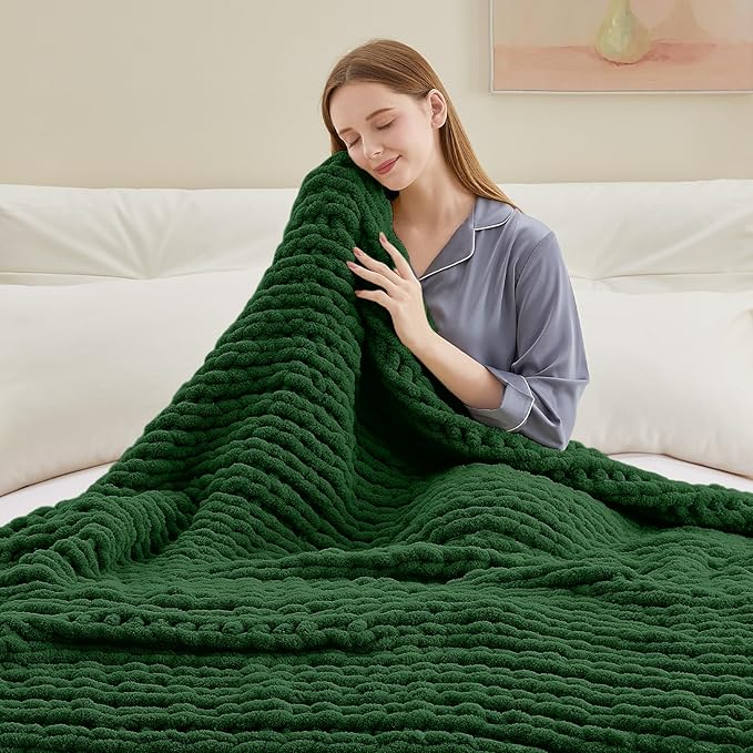 Chunky Knit Throw Blanket, 80''*90'' Knitted Throw Chenille Yarn for Bed Couch, Handmade Grass Green Crochet Big Thick Blanket, Machine Washable Cute Comfy Blanket for Home Decor