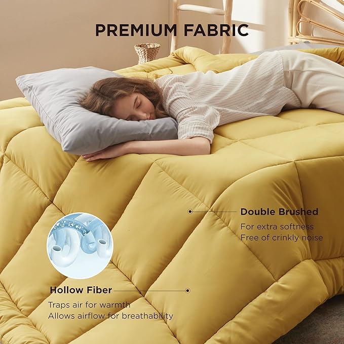 Bedsure Comforter Duvet Insert - Quilted Comforters Full Size, All Season Duvet, GentleSoft Down Alternative Bedding Blanket, with 8 Tabs, Gifts for Women/Men, Mustard Yellow, Full 86 x 82 Inches