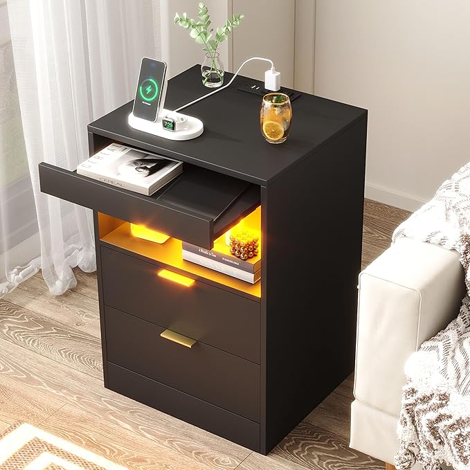 Yusong Night Stand, Bedside Table, LED Nightstand with Charging Station, Modern Night Stand, Wood Sofa Couch End Side Table with 2 Pull-Out Shelf (Black)